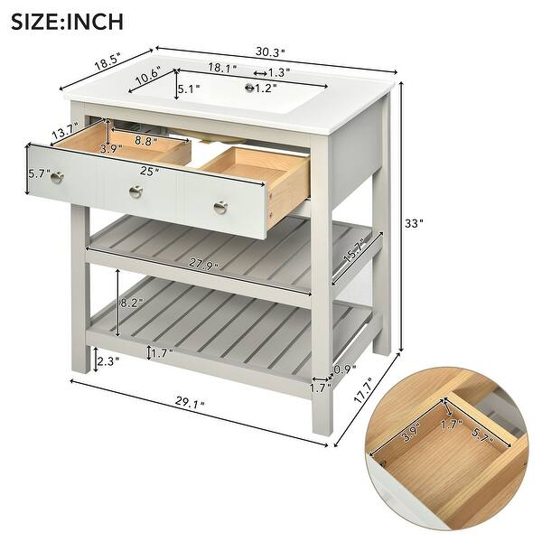 30" Bathroom Vanity with Ceramic Basin Sink and 2Tier Storage Shelf